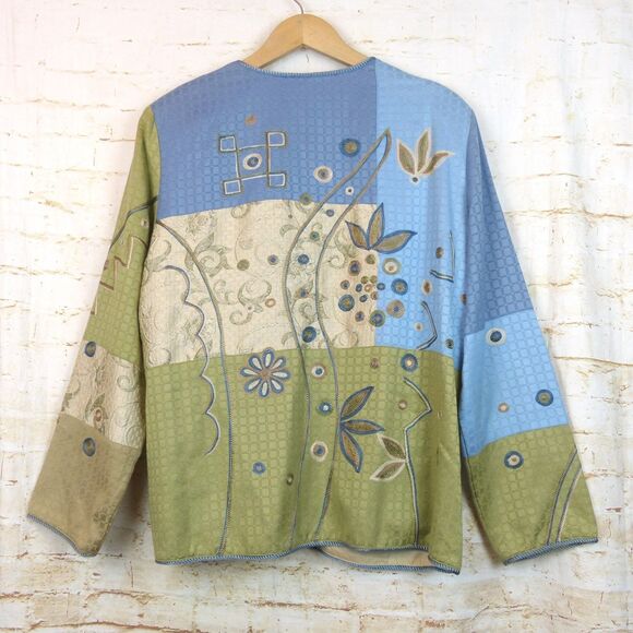Indigo Moon Jacket Women L Blue Green Patchwork Embroidered Lined VTG Boho Artsy - Picture 2 of 14